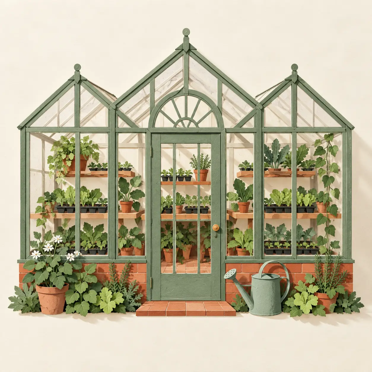 AI-generated square papercraft illustration of a neighborhood greenhouse with three bays and seedlings