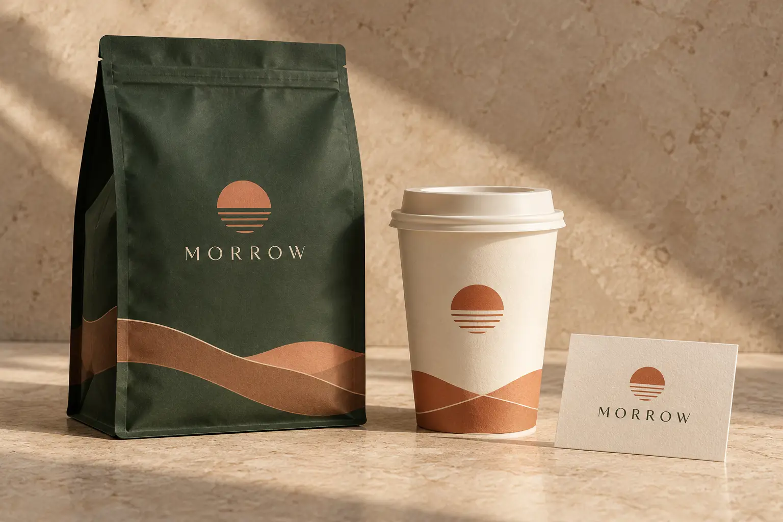 AI-generated Morrow coffee brand concept with a green pouch, ivory cup and sunrise identity card