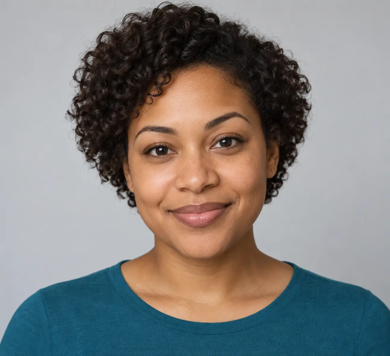 Generated 3D caricature of a fictional woman with short curls, a teal top and an exaggerated expressive head