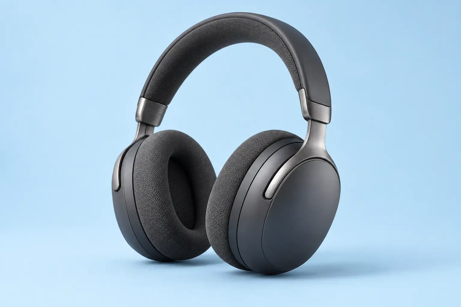 AI-generated matte graphite over-ear headphones with fabric cushions and brushed metal arms, shown at a three-quarter angle on a pale sky-blue studio background.