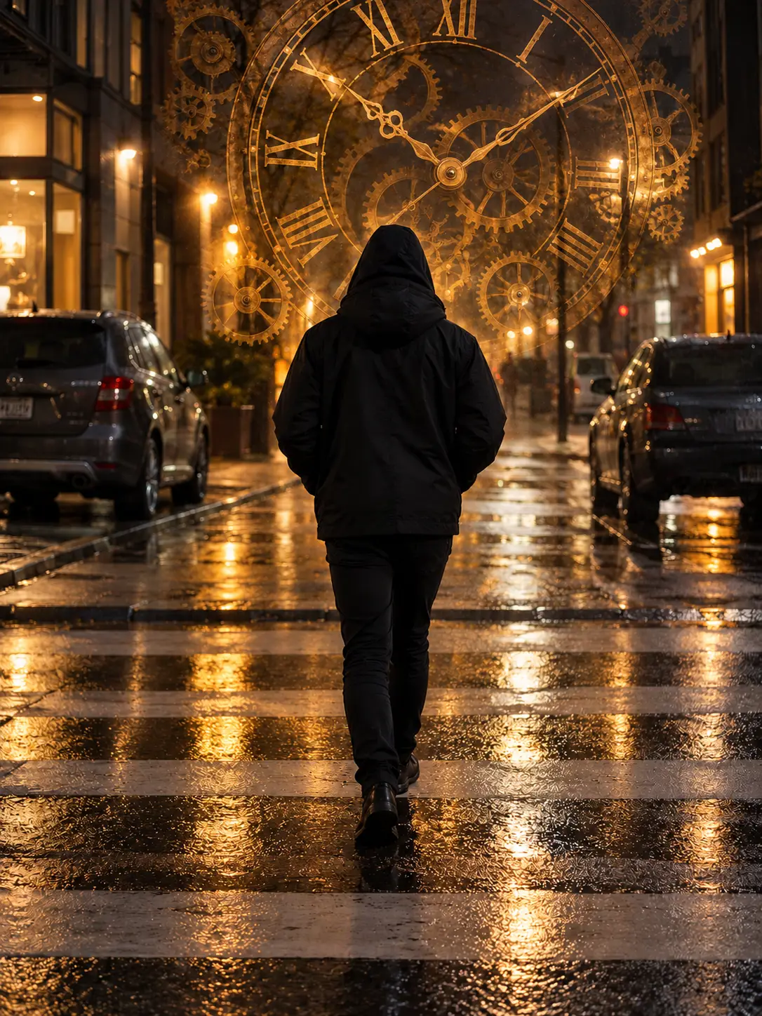 AI-generated surreal edit of a fictional rainy street photo with a translucent brass clock and gears behind an anonymous hooded figure