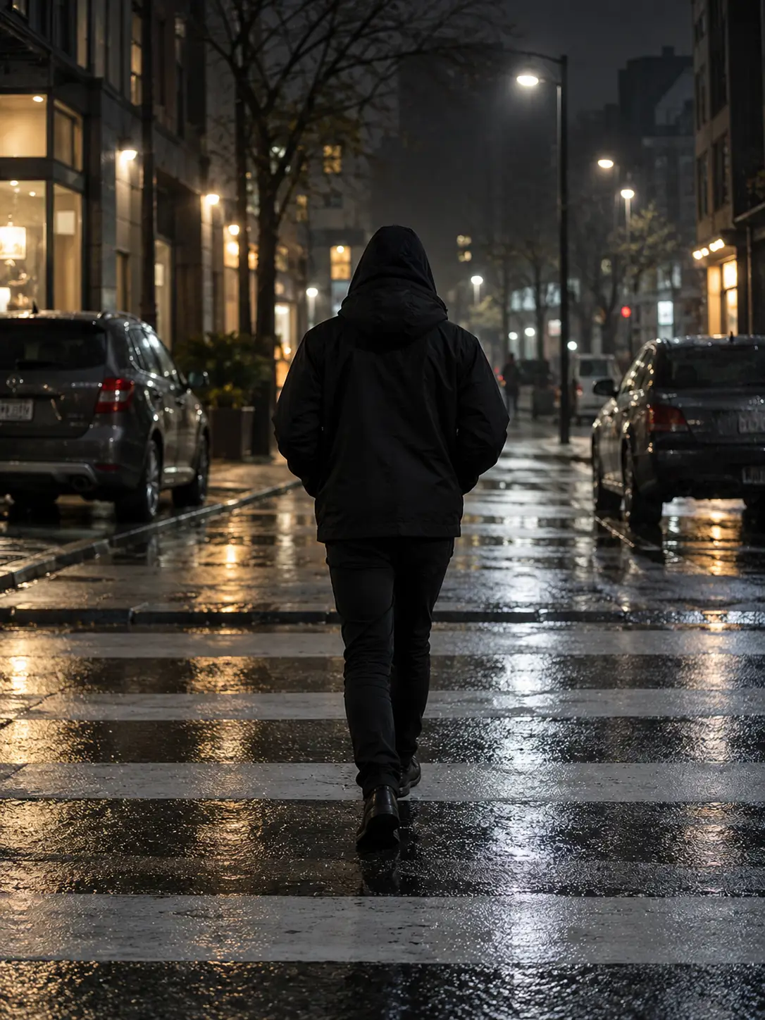 AI-generated surreal edit of a fictional rainy street photo with a translucent brass clock and gears behind an anonymous hooded figure